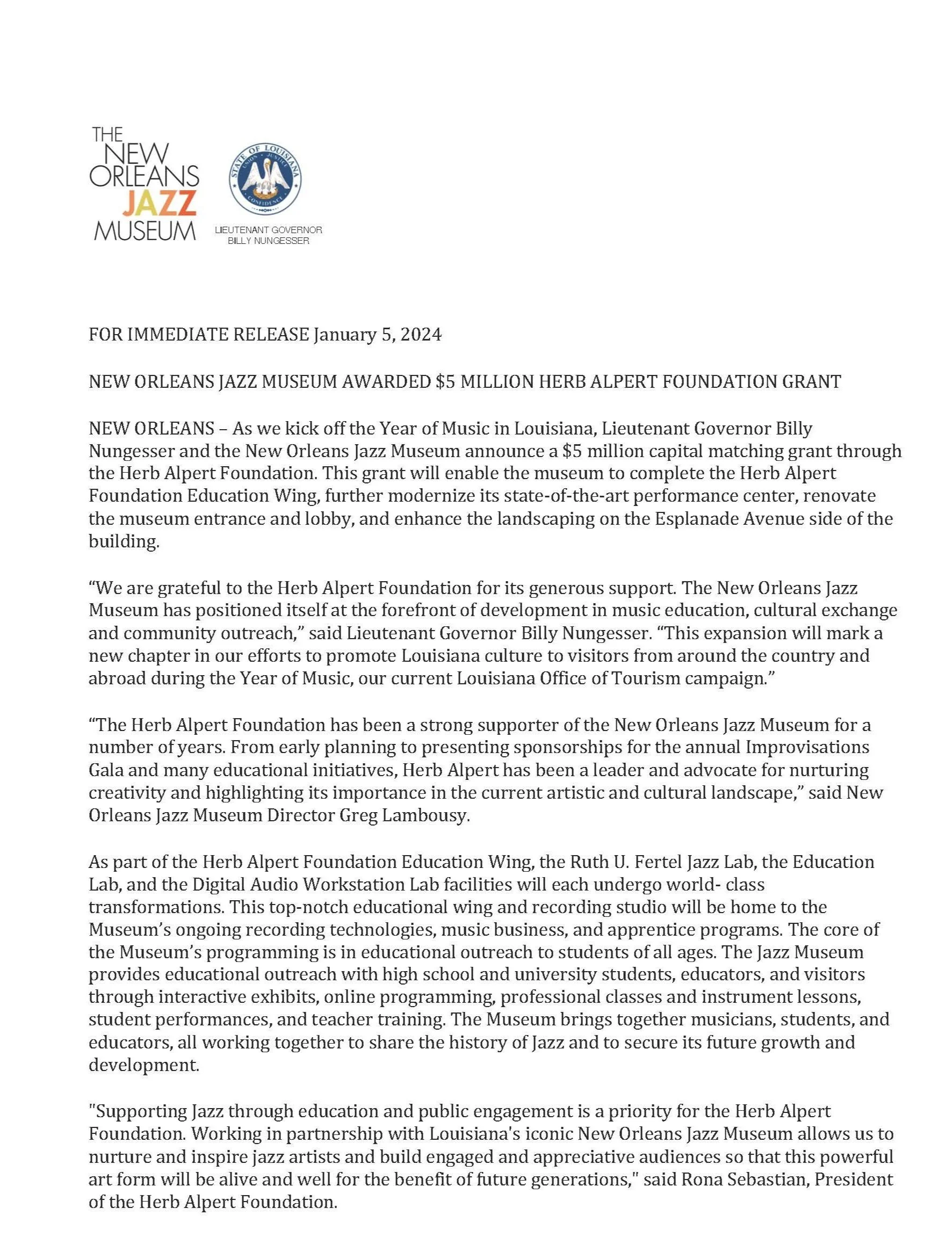 JAZZ MUSEUM AWARDED $5 MILLION HERB ALPERT FOUNDATION GRANT — New